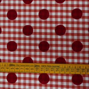 Tela flamenca roja de cuadros vichy con lunares aterciopelados para vestido de flamenca