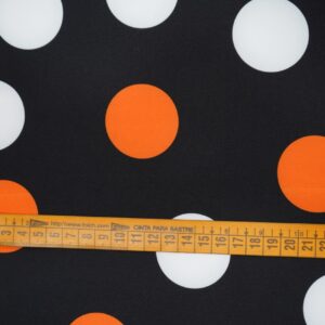 Tela flamenca negra con lunares blancos y naranjas de poliéster para vestido de flamenca