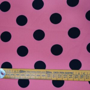 Tela flamenca rosa con lunares azul marino de poliéster para vestido de flamenca